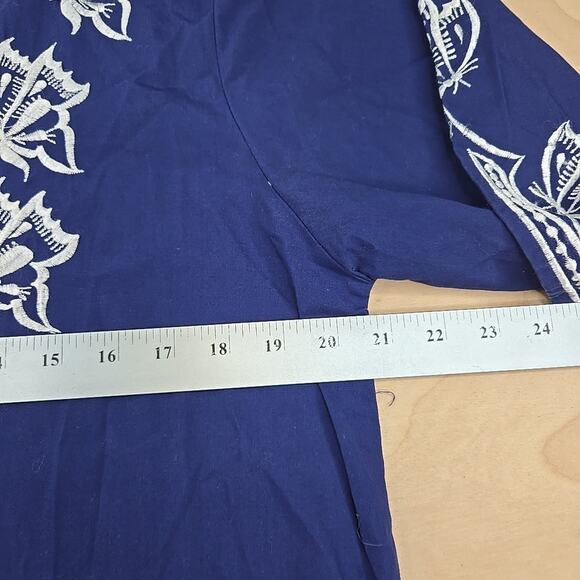 Macelli Embroidered Tunic Shirt Womens L Navy/White Boho Casual India Butterfly - Picture 9 of 11